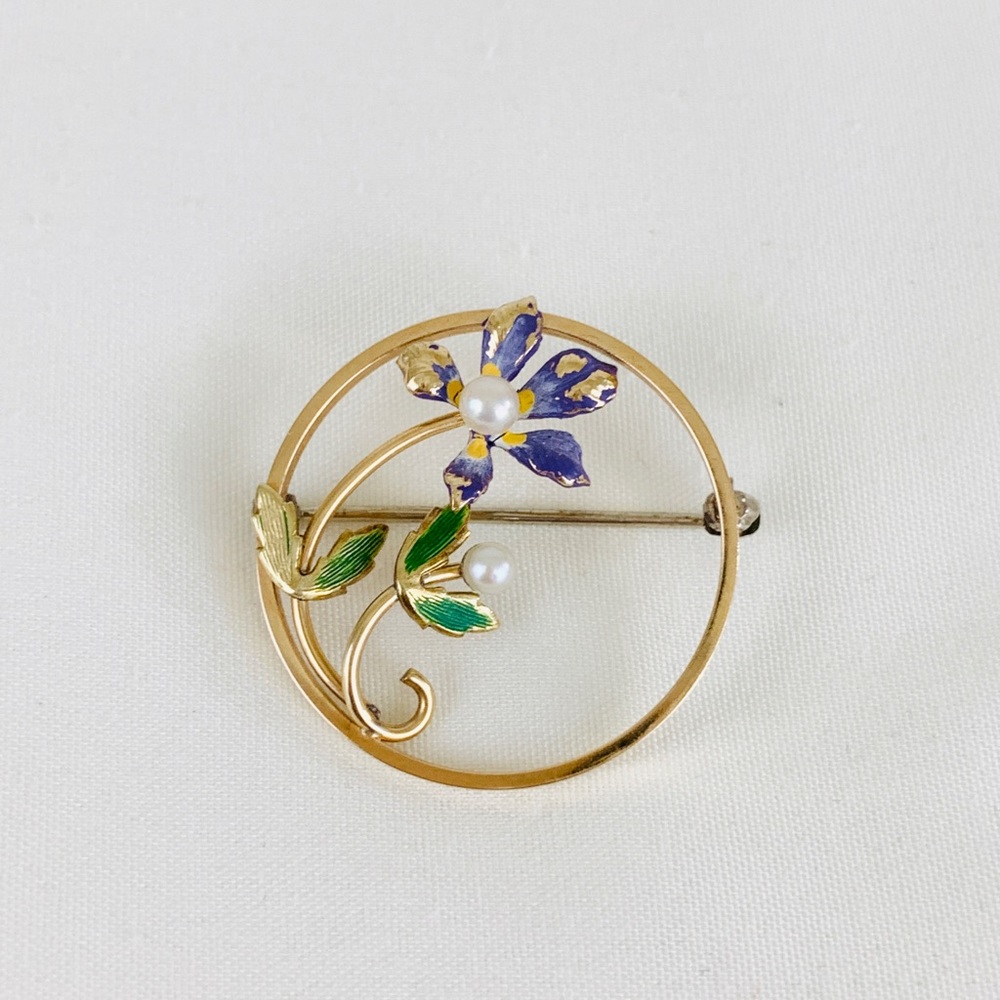 Krementz Enamel Pearl Floral Art Nouvea Brooch Pin